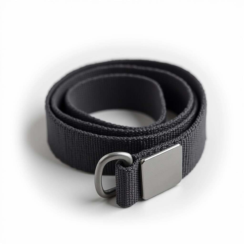 Charcoal woven canvas strap displayed coiled and stretched on white background, stainless steel quick-release connector in sharp focus, natural indigo color variation visible